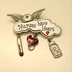 Vintage Nurses have heart brooch pin nursing silver tone jewelry rx red costume